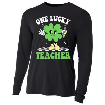 One Lucky Teacher Retro Groovy Shamrock St Patricks Day Cooling Performance Long Sleeve Crew