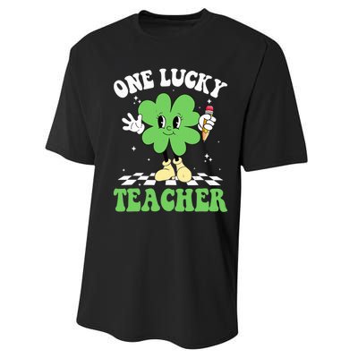 One Lucky Teacher Retro Groovy Shamrock St Patricks Day Performance Sprint T-Shirt