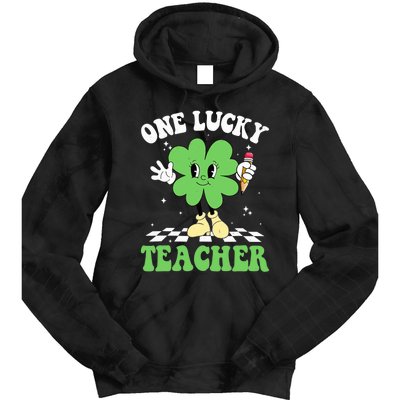 One Lucky Teacher Retro Groovy Shamrock St Patricks Day Tie Dye Hoodie