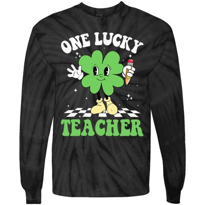 One Lucky Teacher Retro Groovy Shamrock St Patricks Day Tie-Dye Long Sleeve Shirt