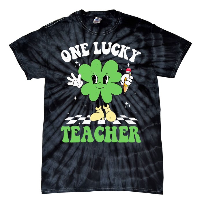 One Lucky Teacher Retro Groovy Shamrock St Patricks Day Tie-Dye T-Shirt