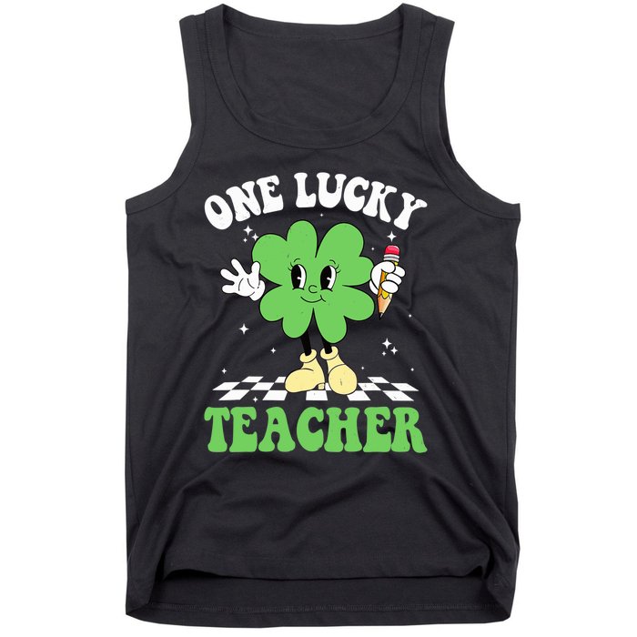 One Lucky Teacher Retro Groovy Shamrock St Patricks Day Tank Top