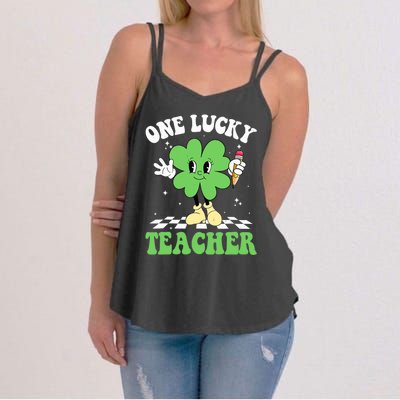 One Lucky Teacher Retro Groovy Shamrock St Patricks Day Women's Strappy Tank