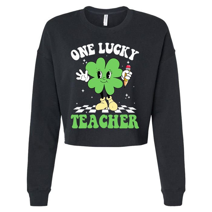 One Lucky Teacher Retro Groovy Shamrock St Patricks Day Cropped Pullover Crew