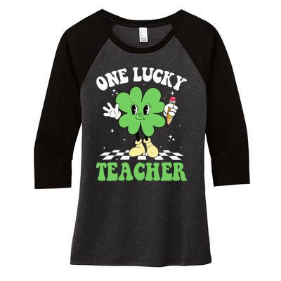 One Lucky Teacher Retro Groovy Shamrock St Patricks Day Women's Tri-Blend 3/4-Sleeve Raglan Shirt