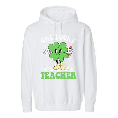 One Lucky Teacher Retro Groovy Shamrock St Patricks Day Garment-Dyed Fleece Hoodie