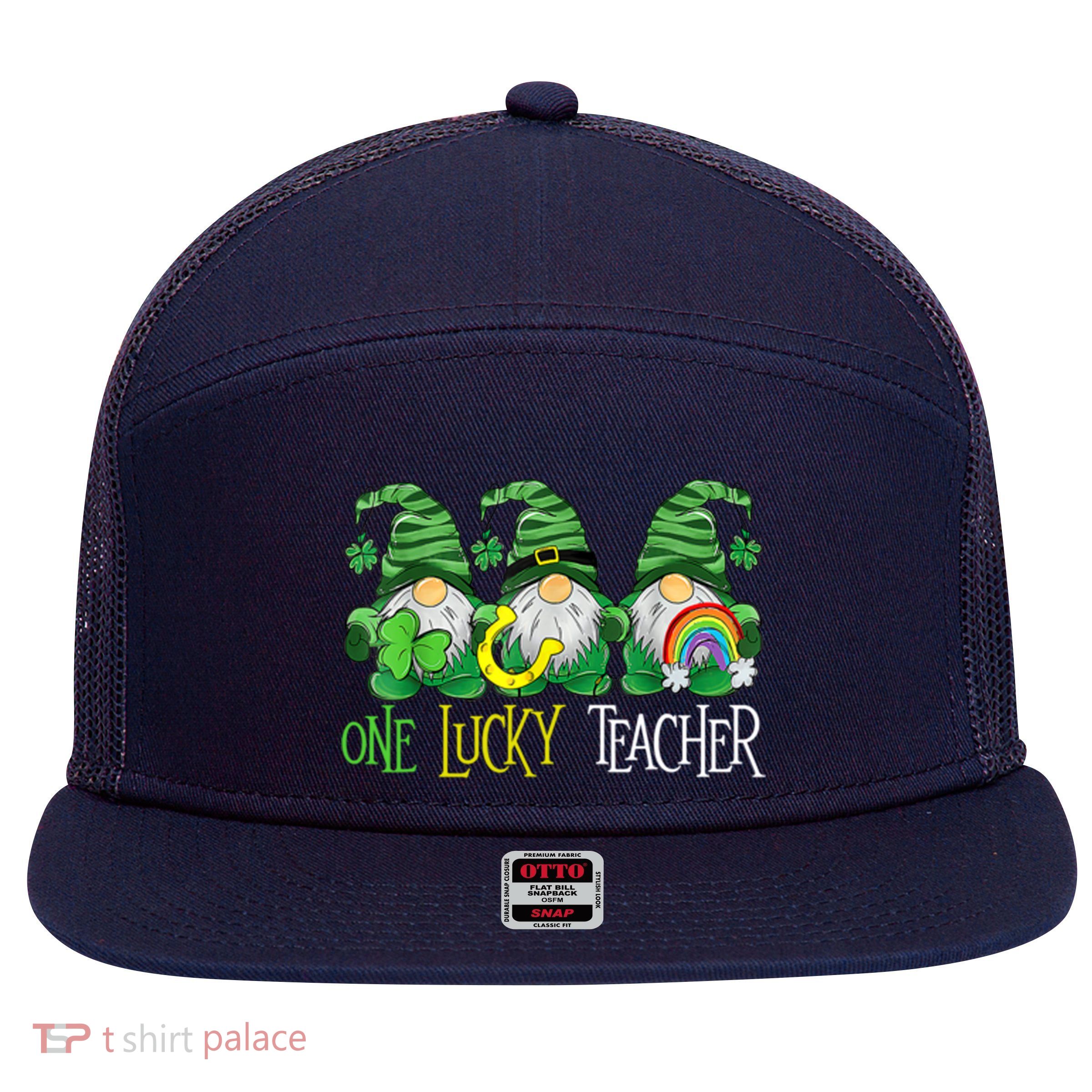 One Lucky Teacher Gnome St Patrick's Day 7 Panel Mesh Trucker Snapback Hat