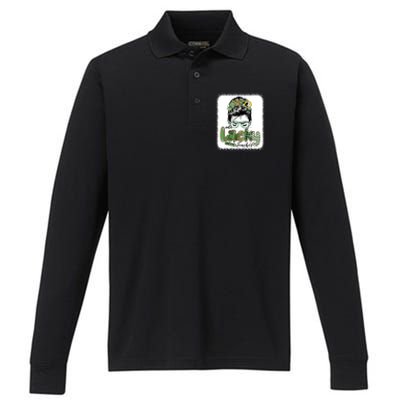 One Lucky Teacher Funny St Patricks Day Messy Bun Performance Long Sleeve Polo