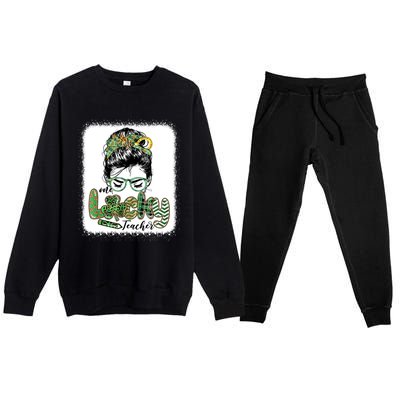 One Lucky Teacher Funny St Patricks Day Messy Bun Premium Crewneck Sweatsuit Set