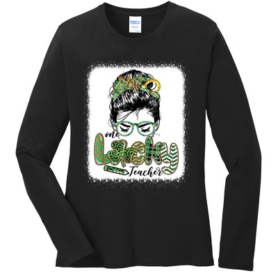 One Lucky Teacher Funny St Patricks Day Messy Bun Ladies Long Sleeve Shirt