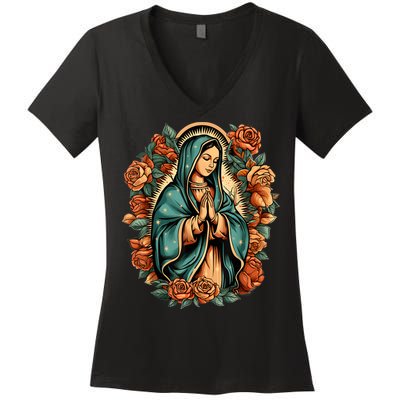 Our Lady Virgen De Guadalupe Virgin Mary Catholic Saint Art Women's V-Neck T-Shirt