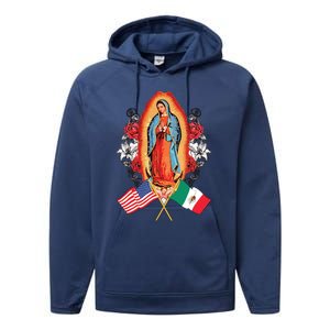 Our Lady Virgen De Guadalupe Mexican American Flag Performance Fleece Hoodie