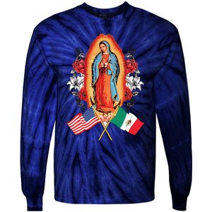 Our Lady Virgen De Guadalupe Mexican American Flag Tie-Dye Long Sleeve Shirt