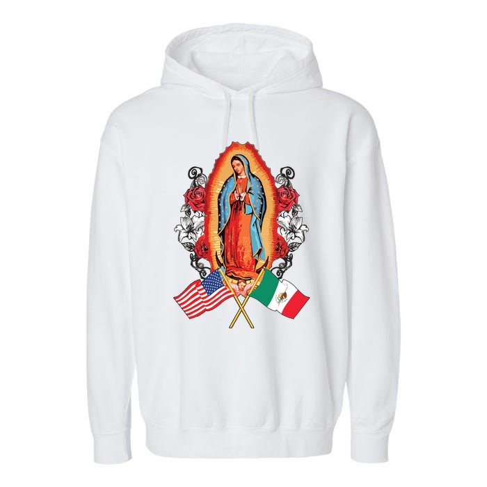 Our Lady Virgen De Guadalupe Mexican American Flag Garment-Dyed Fleece Hoodie