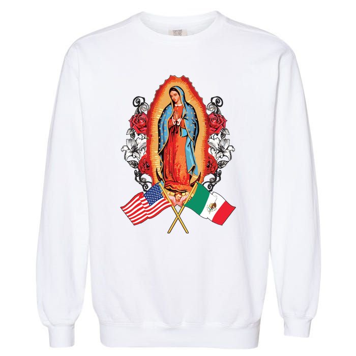 Our Lady Virgen De Guadalupe Mexican American Flag Garment-Dyed Sweatshirt