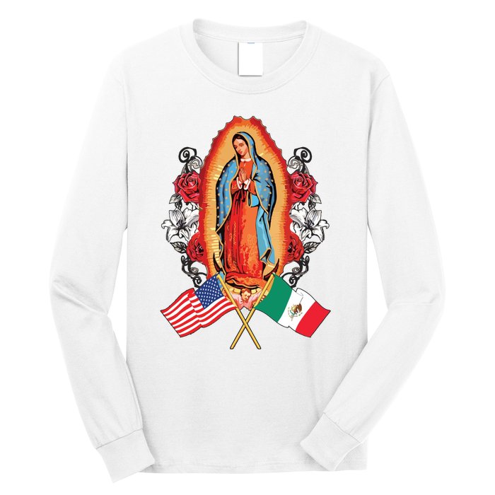 Our Lady Virgen De Guadalupe Mexican American Flag Long Sleeve Shirt