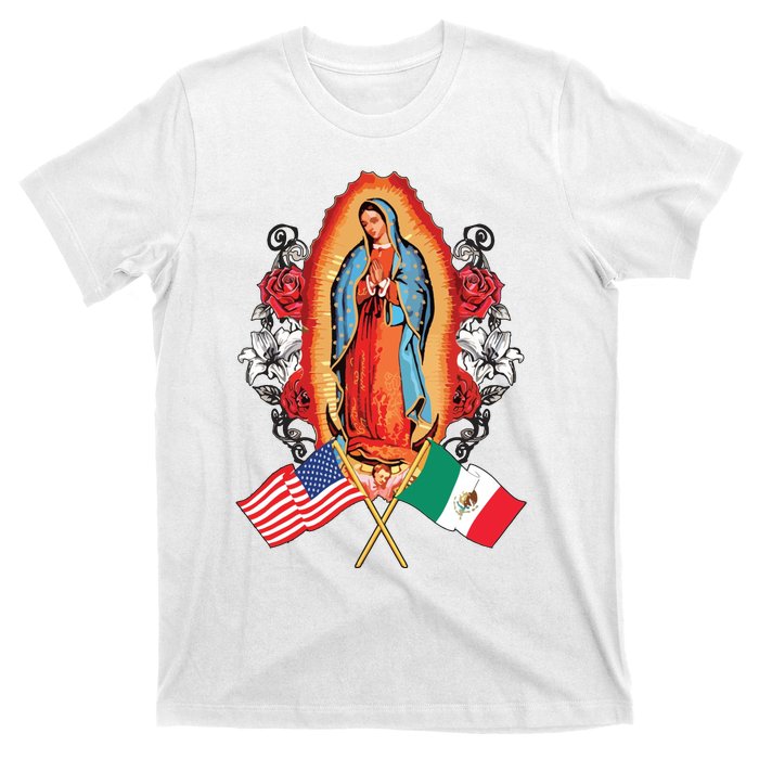 Our Lady Virgen De Guadalupe Mexican American Flag T-Shirt