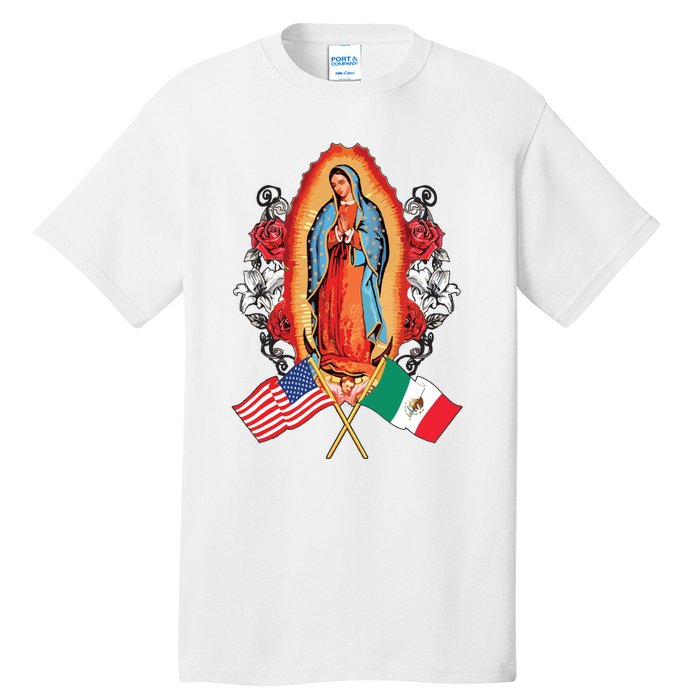 Our Lady Virgen De Guadalupe Mexican American Flag Tall T-Shirt