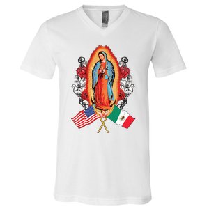 Our Lady Virgen De Guadalupe Mexican American Flag V-Neck T-Shirt