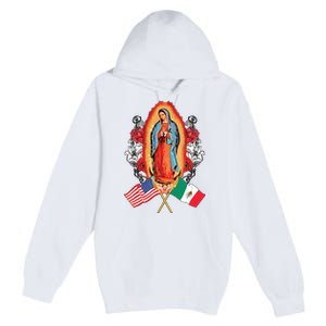 Our Lady Virgen De Guadalupe Mexican American Flag Premium Pullover Hoodie