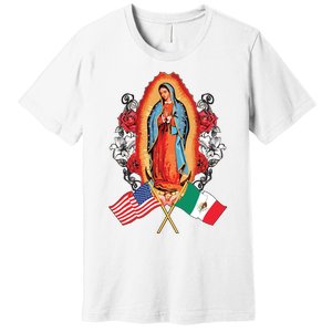 Our Lady Virgen De Guadalupe Mexican American Flag Premium T-Shirt