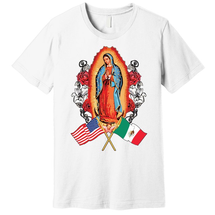 Our Lady Virgen De Guadalupe Mexican American Flag Premium T-Shirt