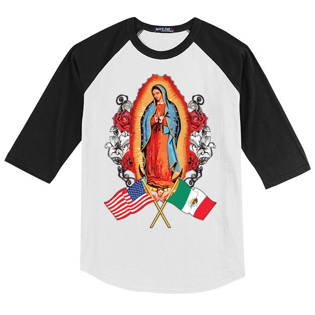 Our Lady Virgen De Guadalupe Mexican American Flag Kids Colorblock Raglan Jersey