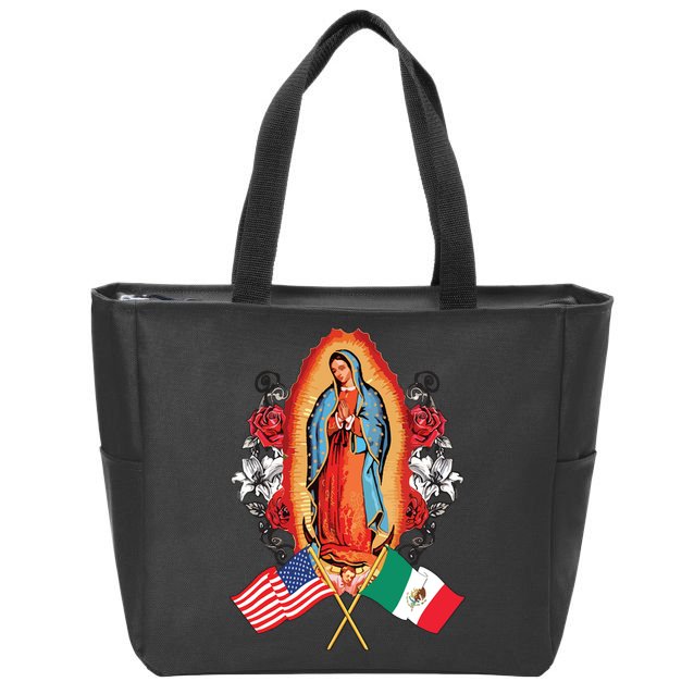 Our Lady Virgen De Guadalupe Mexican American Flag Zip Tote Bag
