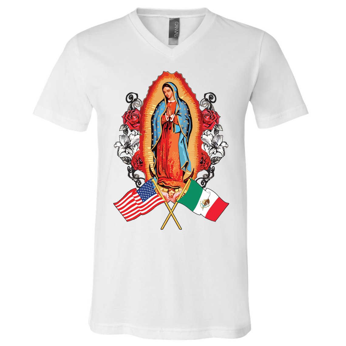 Our Lady Virgen De Guadalupe Mexican American Flag V-Neck T-Shirt