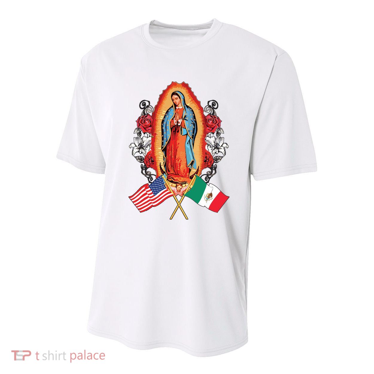 Our Lady Virgen De Guadalupe Mexican American Flag Youth Performance Sprint T-Shirt