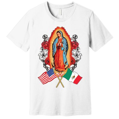 Our Lady Virgen De Guadalupe Mexican American Flag Premium T-Shirt