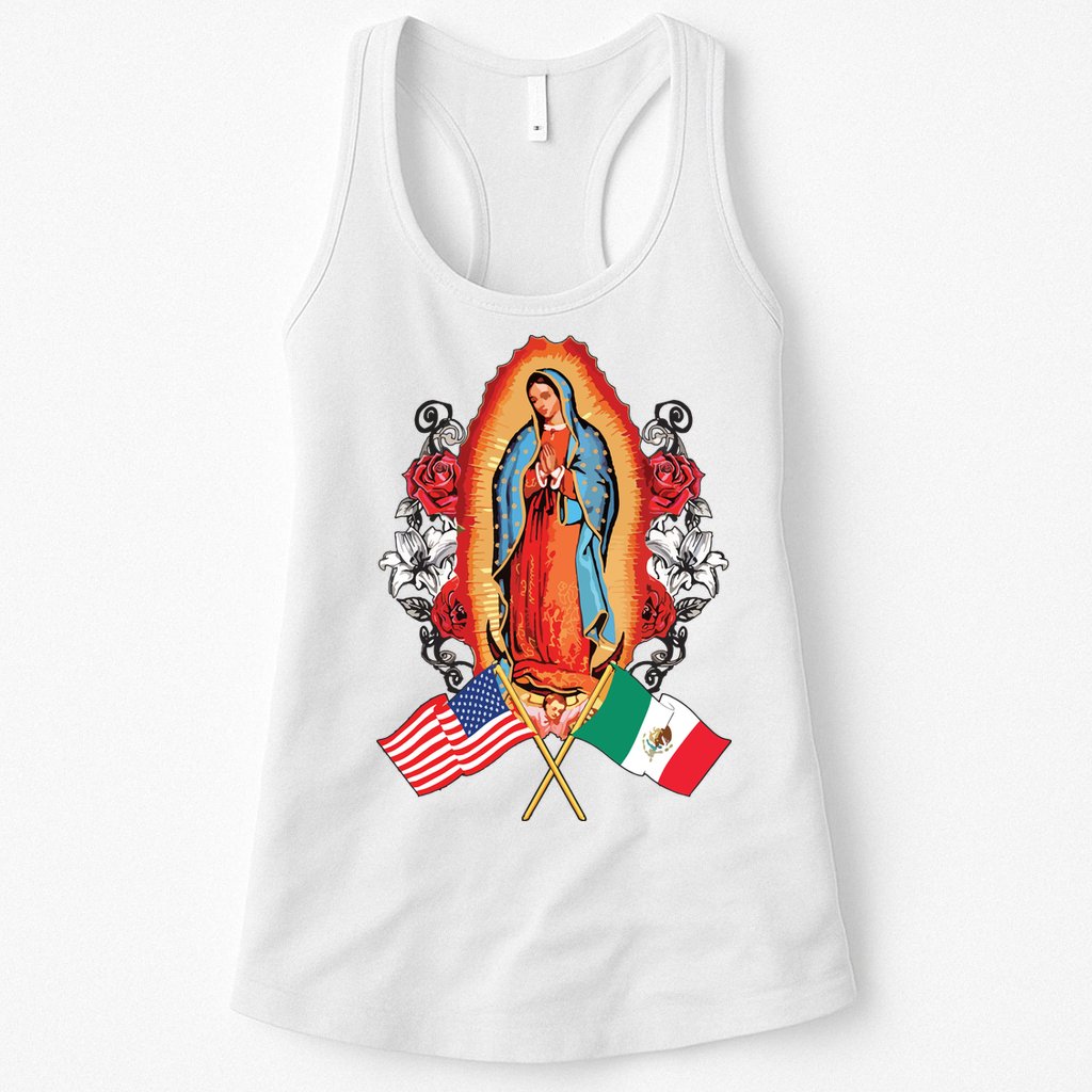 Our Lady Virgen De Guadalupe Mexican American Flag Womens Tank Top