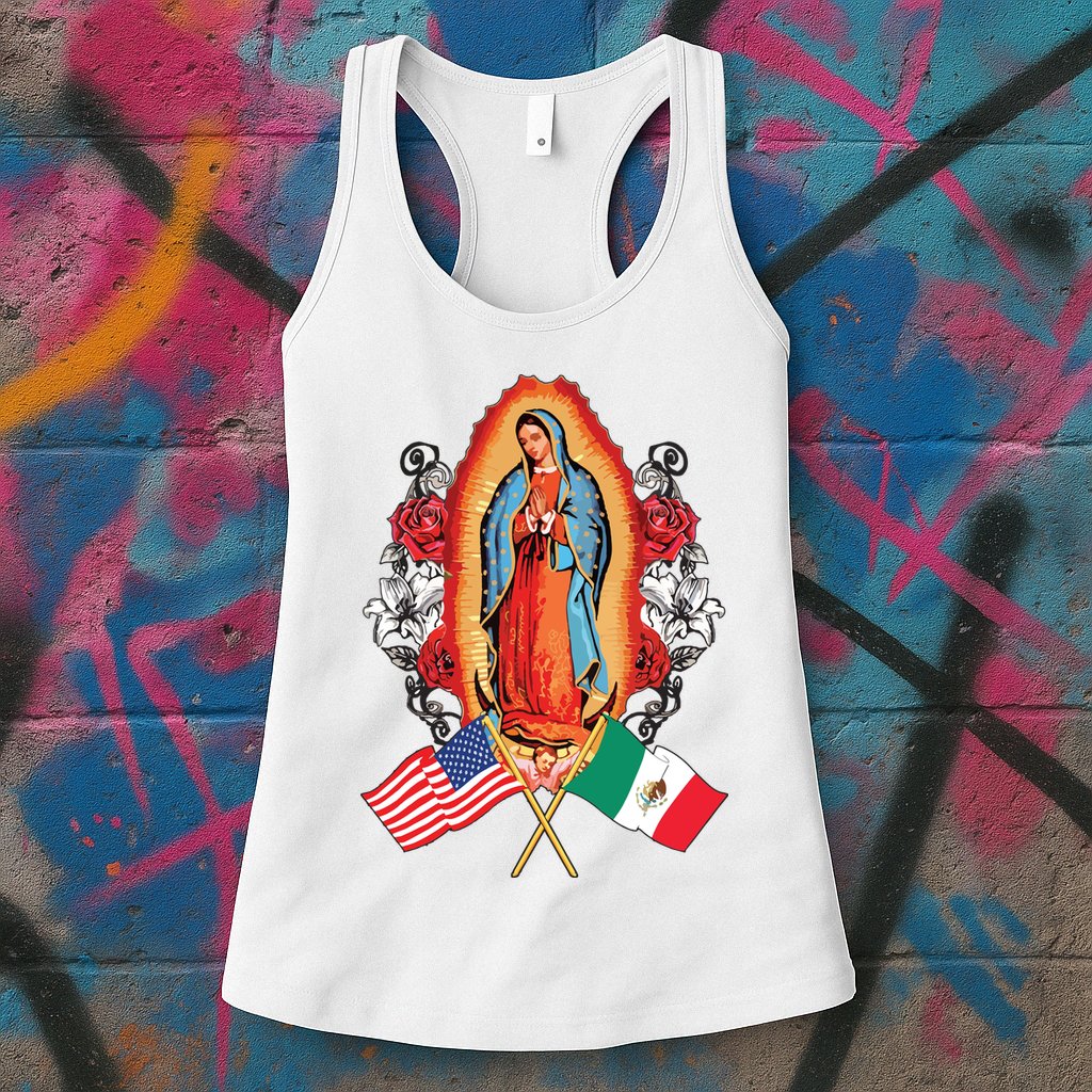 Our Lady Virgen De Guadalupe Mexican American Flag Womens Tank Top