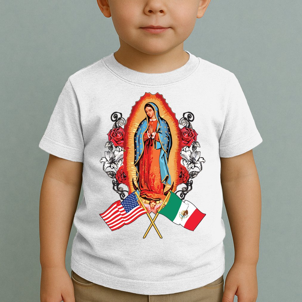 Our Lady Virgen De Guadalupe Mexican American Flag Toddler T-Shirt