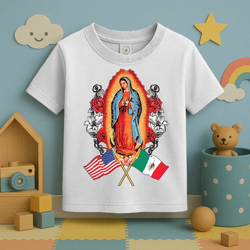 Our Lady Virgen De Guadalupe Mexican American Flag Toddler T-Shirt
