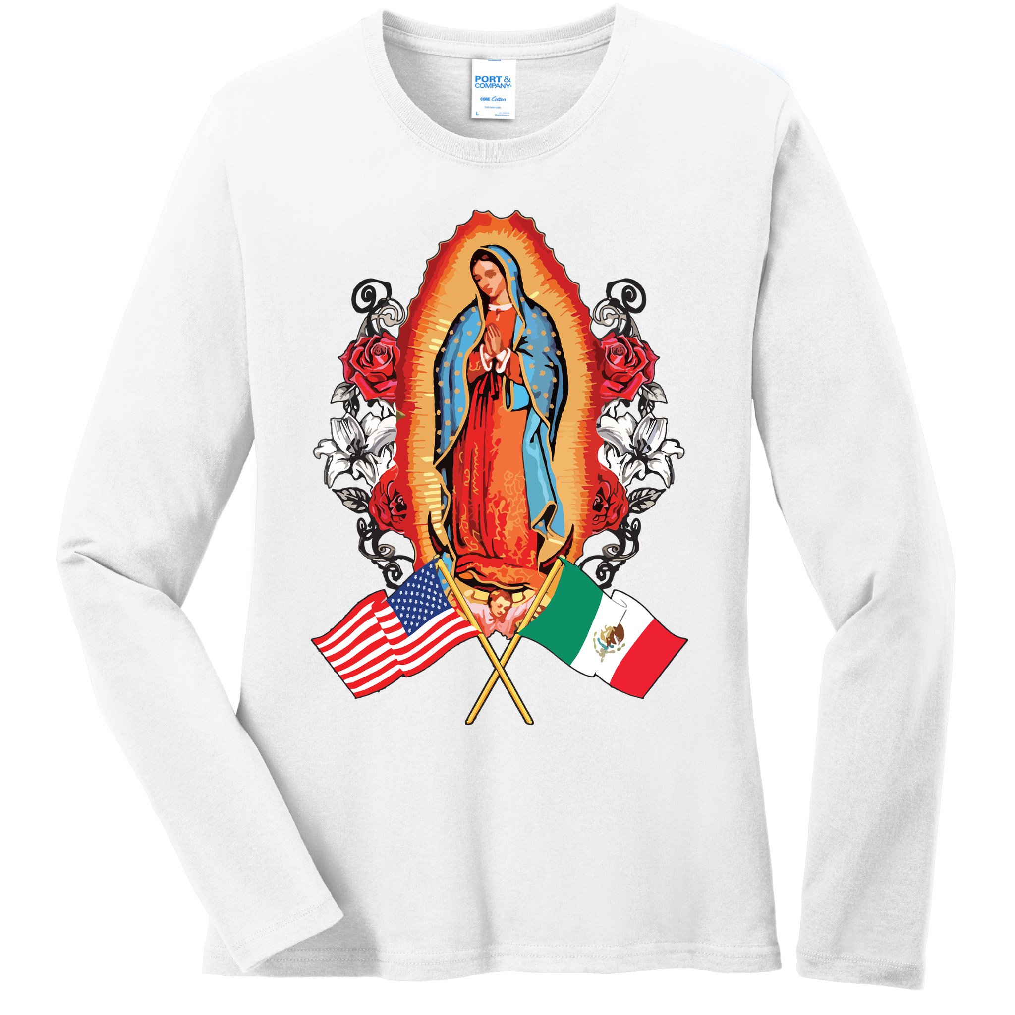 Our Lady Virgen De Guadalupe Mexican American Flag Ladies Long Sleeve Shirt