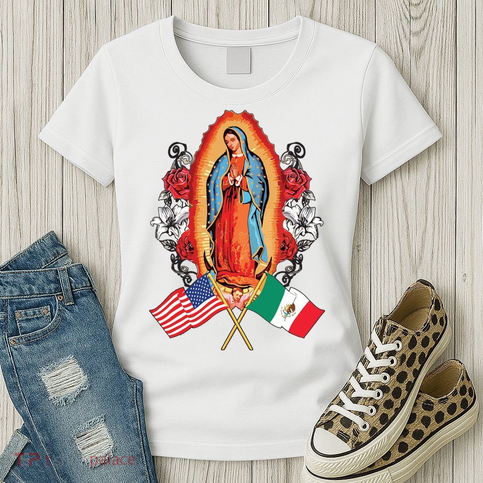 Our Lady Virgen De Guadalupe Mexican American Flag Womens T-Shirt