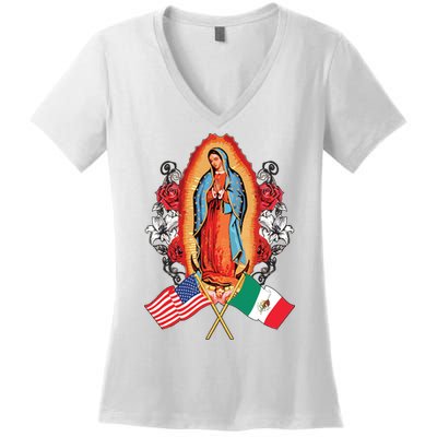 Our Lady Virgen De Guadalupe Mexican American Flag Women's V-Neck T-Shirt