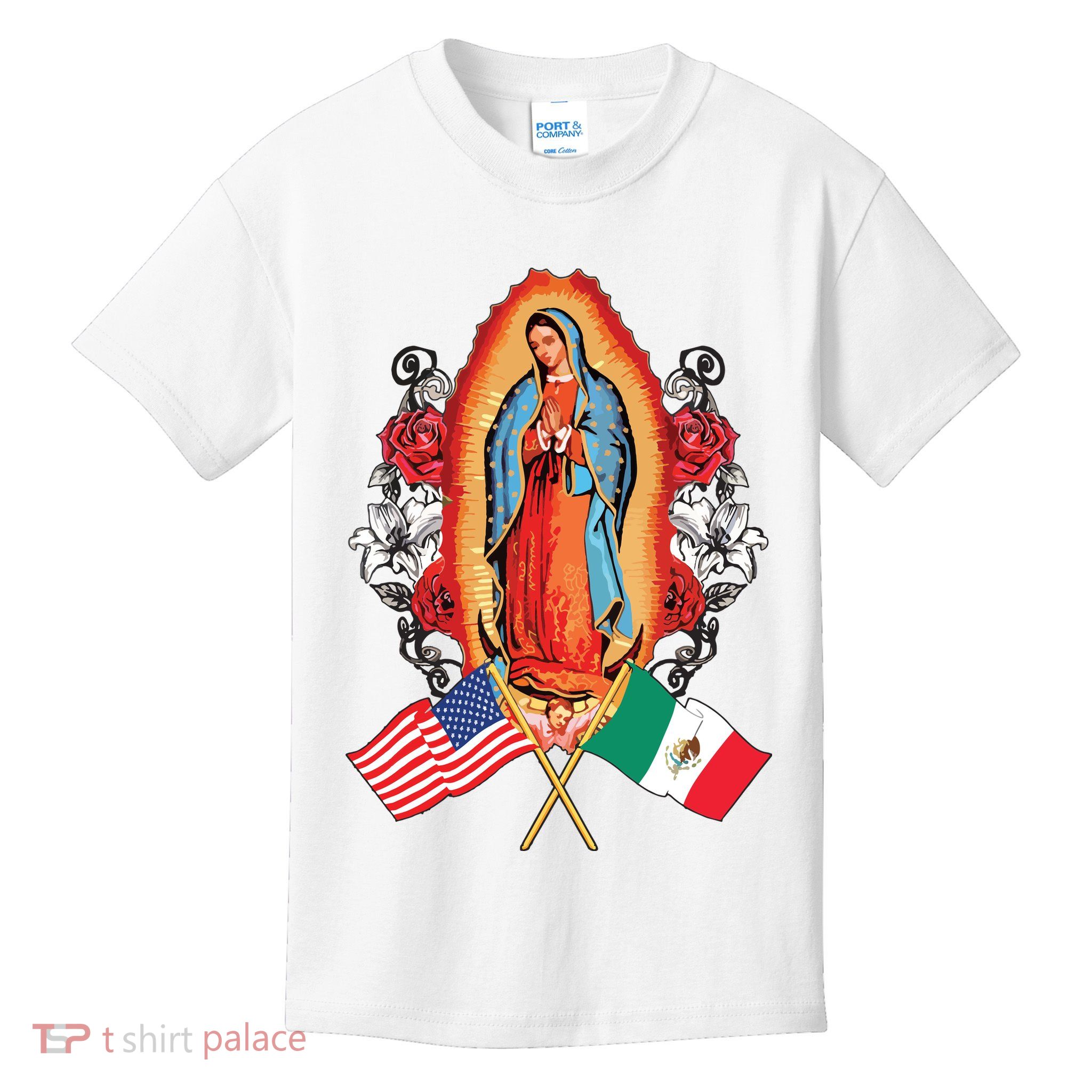 Our Lady Virgen De Guadalupe Mexican American Flag Kids T-Shirt