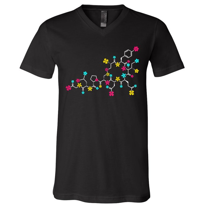 Oxytocin Molecule And Flowers Love Hormone Chemistry Design V-Neck T-Shirt