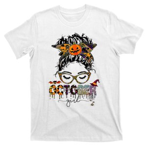 October Messy bun hair october birthday halloween  T-Shirt