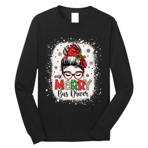 One Merry Bus Driver Messy Bun Christmas School Bus Driver Long Sleeve Shirt