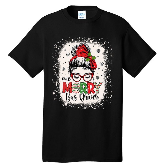 One Merry Bus Driver Messy Bun Christmas School Bus Driver Tall T-Shirt