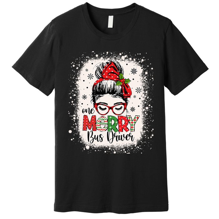 One Merry Bus Driver Messy Bun Christmas School Bus Driver Premium T-Shirt