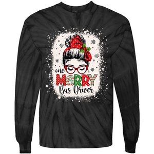 One Merry Bus Driver Messy Bun Christmas School Bus Driver Tie-Dye Long Sleeve Shirt