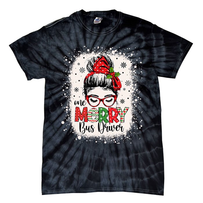 One Merry Bus Driver Messy Bun Christmas School Bus Driver Tie-Dye T-Shirt