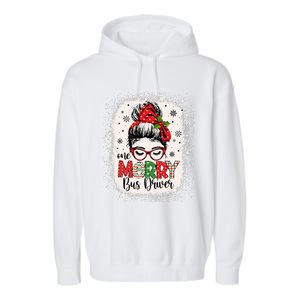 One Merry Bus Driver Messy Bun Christmas School Bus Driver Garment-Dyed Fleece Hoodie