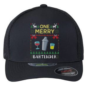 One Merry Bartender Cocktail Bar Ugly Christmas Sweater Gift Flexfit Unipanel Trucker Cap