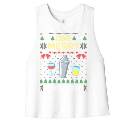 One Merry Bartender Cocktail Bar Ugly Christmas Sweater Gift Women's Racerback Cropped Tank