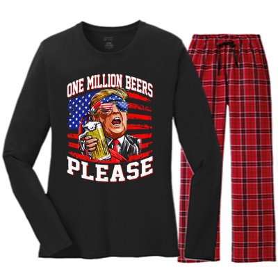 One Million Beers Please Trump 4th Of July Usa American Flag Women's Long Sleeve Flannel Pajama Set 